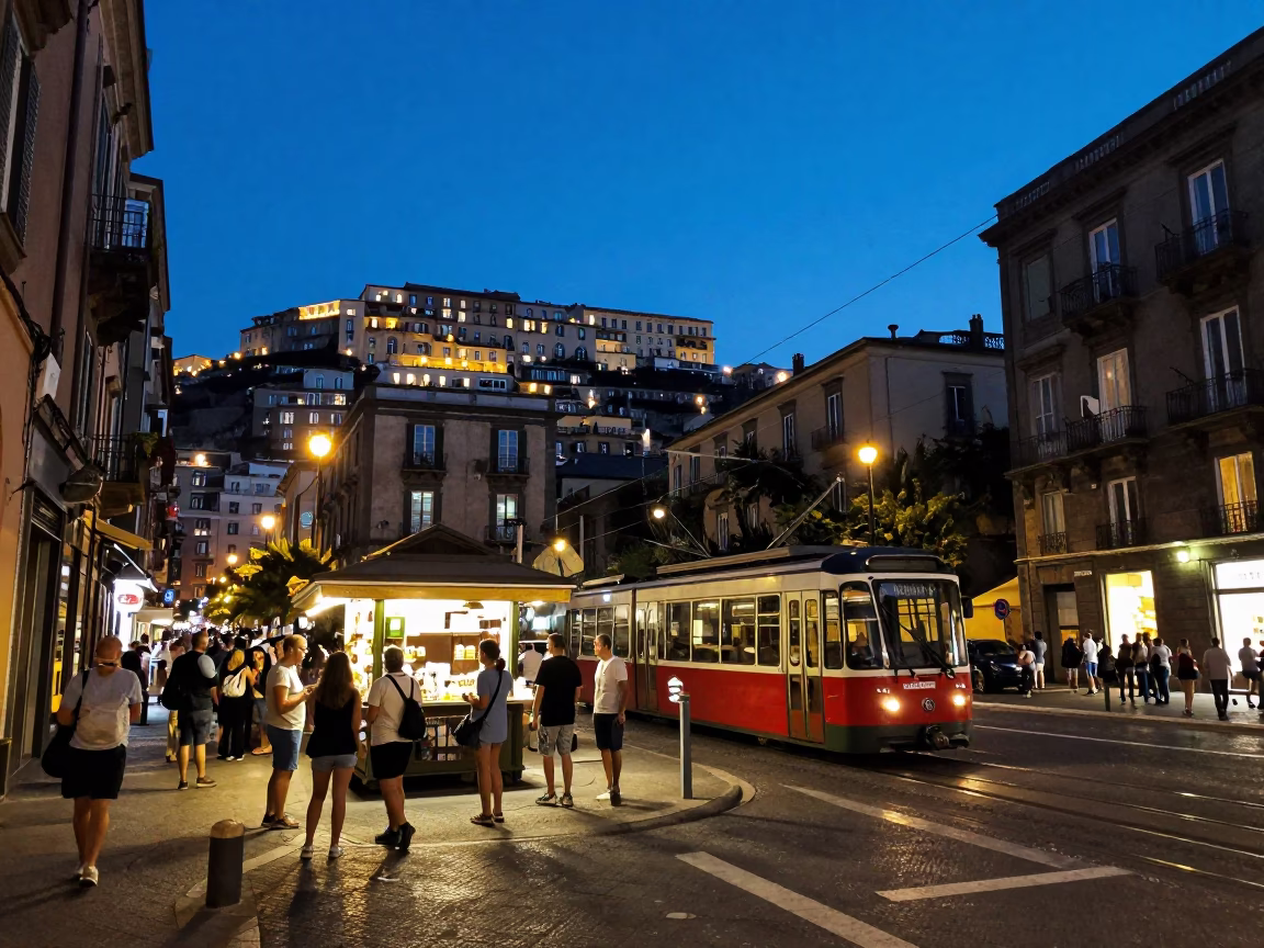 Naples Italy Blue Hour Street Scene with Funicular and Local Life in in Naples, Italy