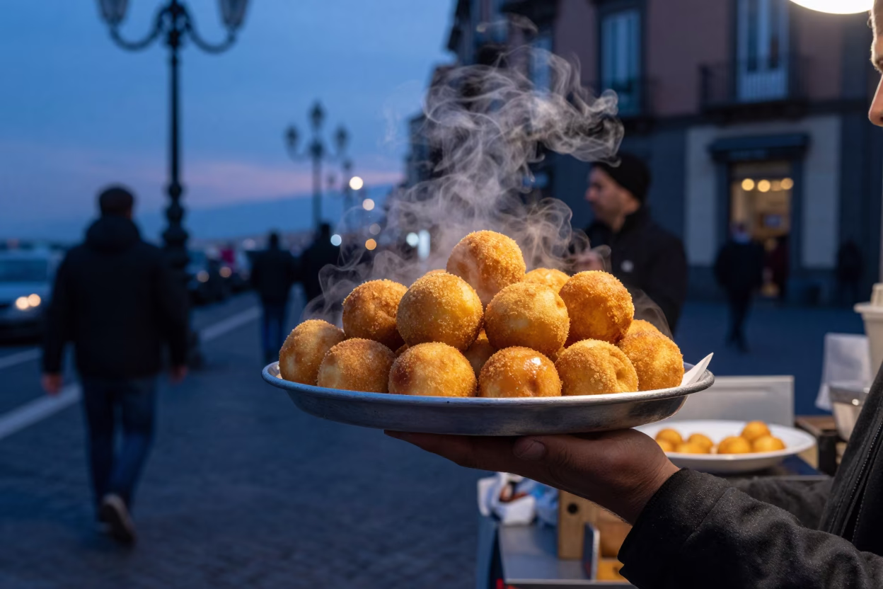 Naples Italy Blue Hour Street Scene with Golden Arancini Tray and Plate in in Naples, Italy