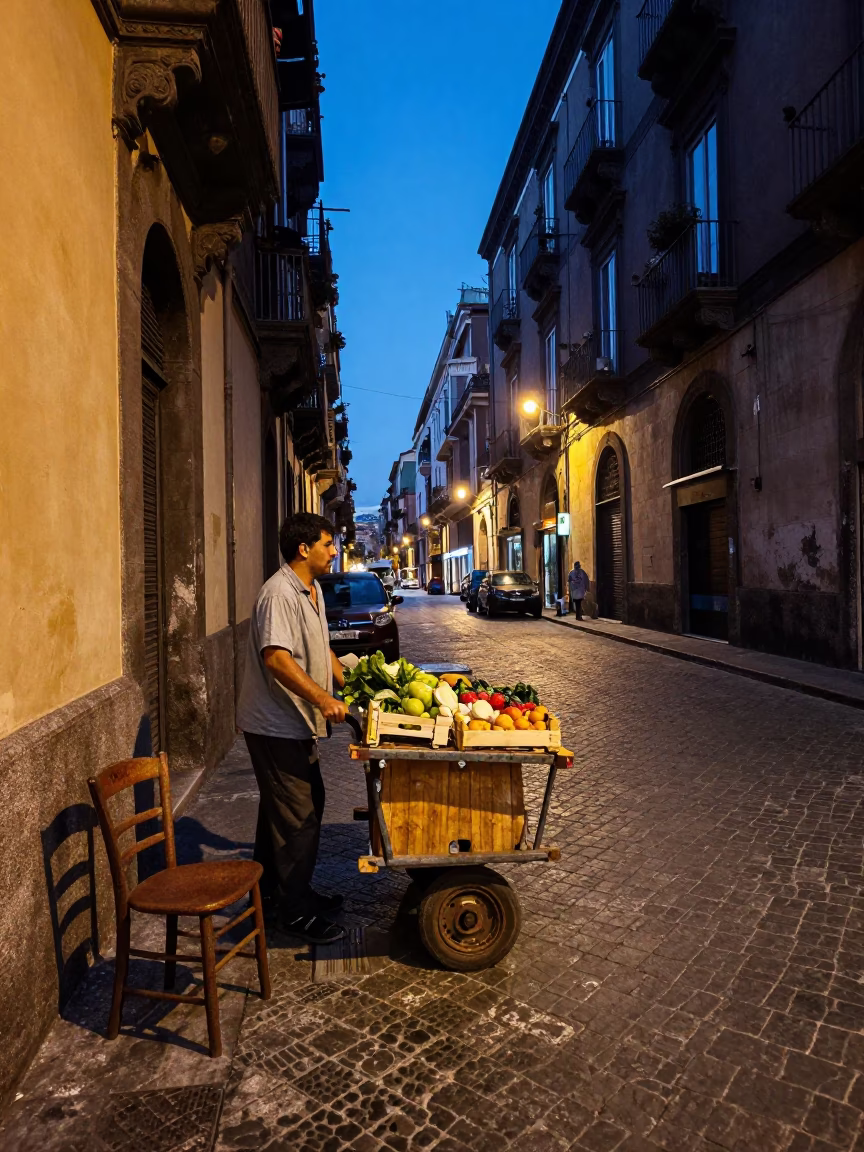 Naples Italy Blue Hour Street Scene with Rolling Carts and Rusty Chair in in Naples, Italy