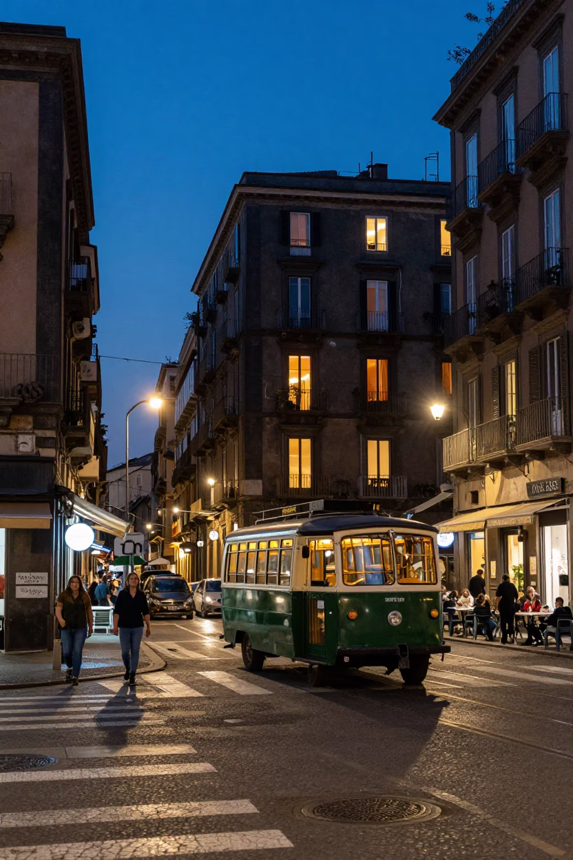 Naples Italy Blue Hour Street Scene with Vintage Metro and Local Life in in Naples, Italy