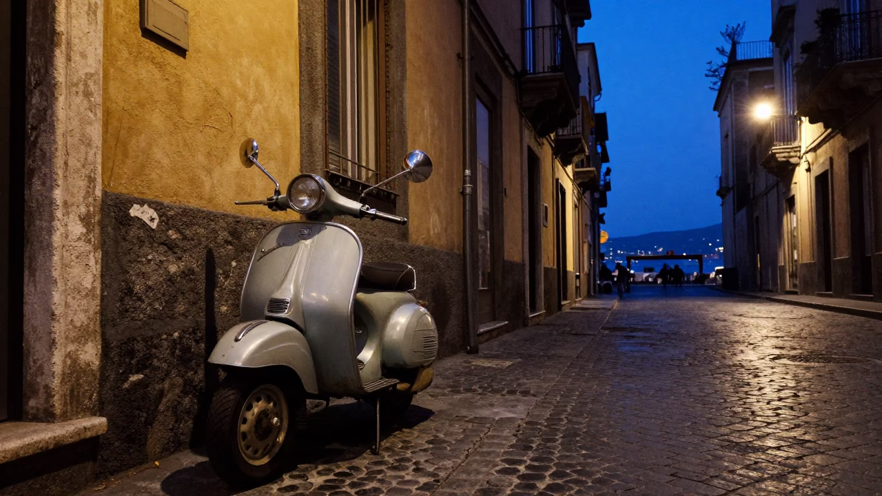 Naples Italy blue hour street scene with vintage Vespa and historic architecture in in Naples, Italy