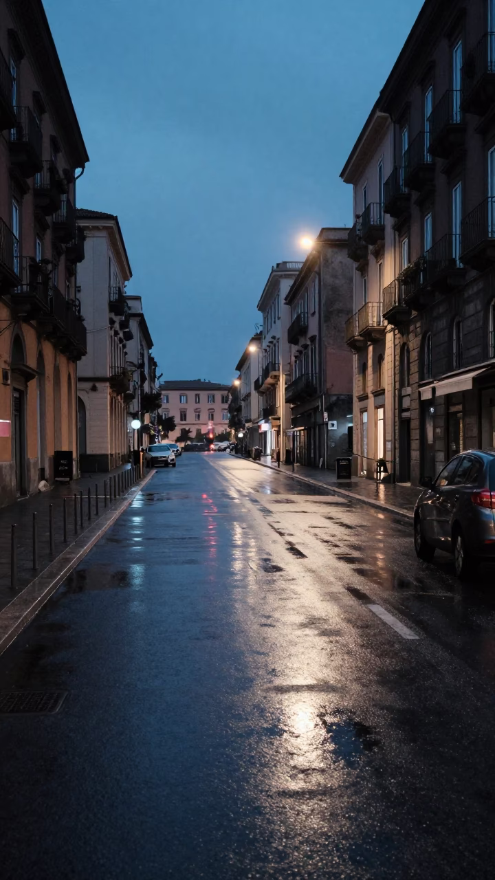 Naples Italy Blue Hour Street Scene with Wet Asphalt and Urban Details in in Naples, Italy