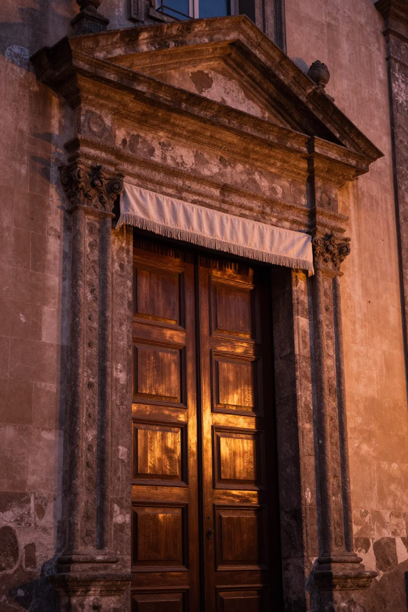 Naples Italy Copper Dusk Light Illuminating Historic Church Doorframe and Linen Fringe Detail in in Naples, Italy