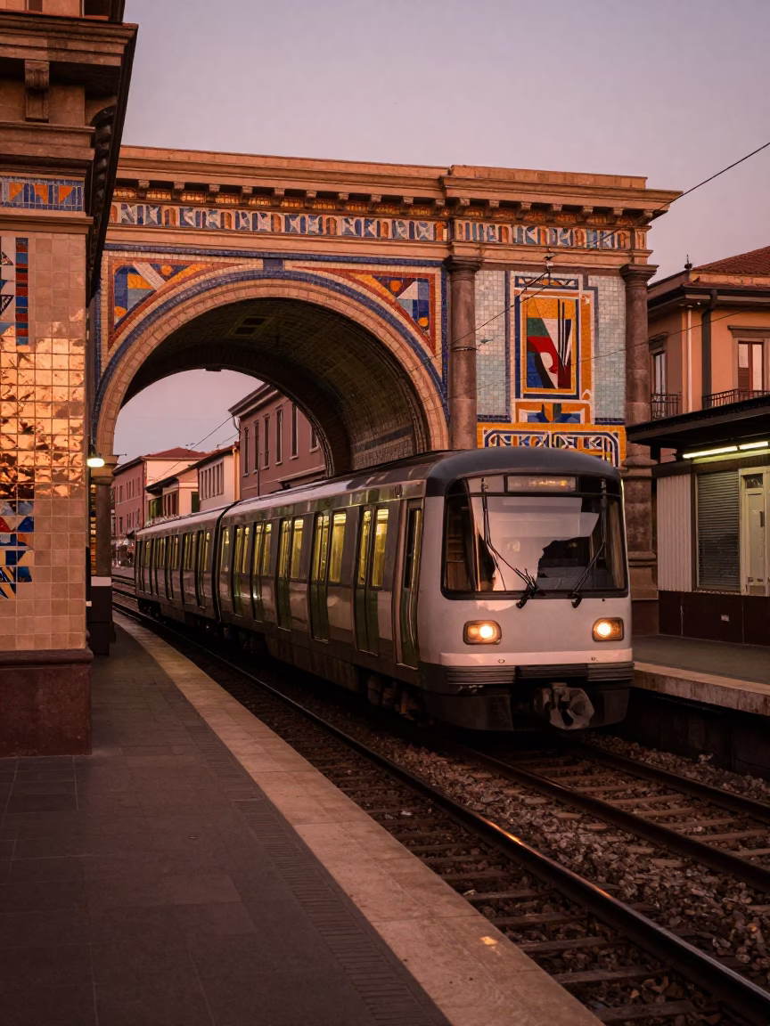 Naples Italy copper dusk light metro train arriving at art-adorned station platform in in Naples, Italy