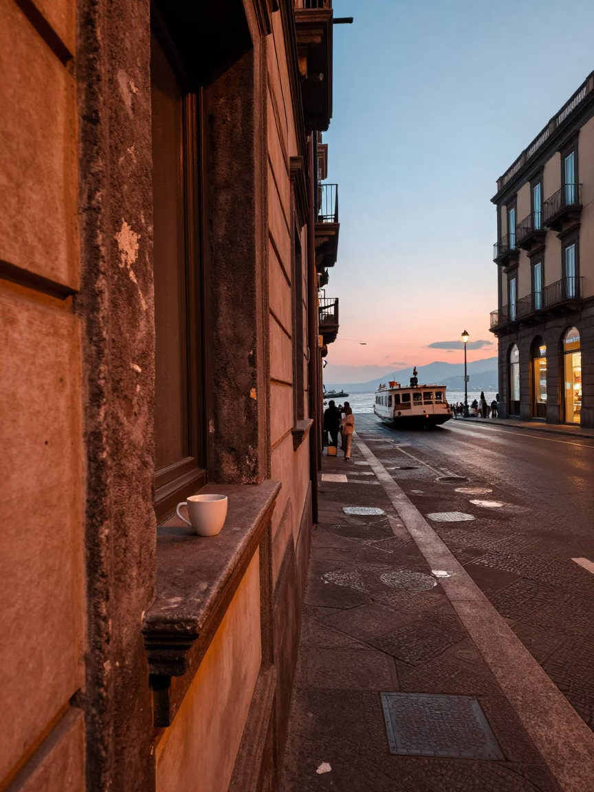 Naples Italy Copper Dusk Street Scene with Cup and Ferry in Background in in Naples, Italy