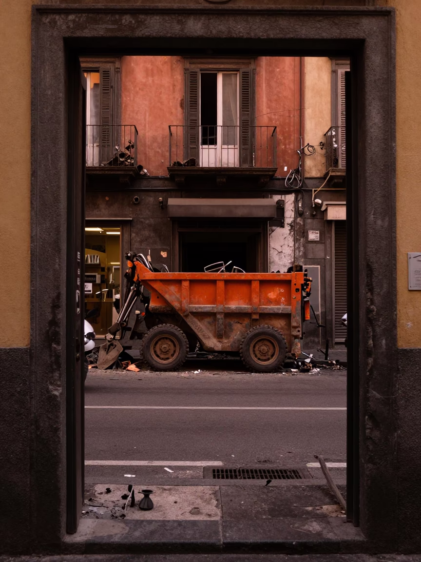 Naples Italy Copper Dusk Street Scene with Demolition Dumpster and Weathered Doorframe in in Naples, Italy