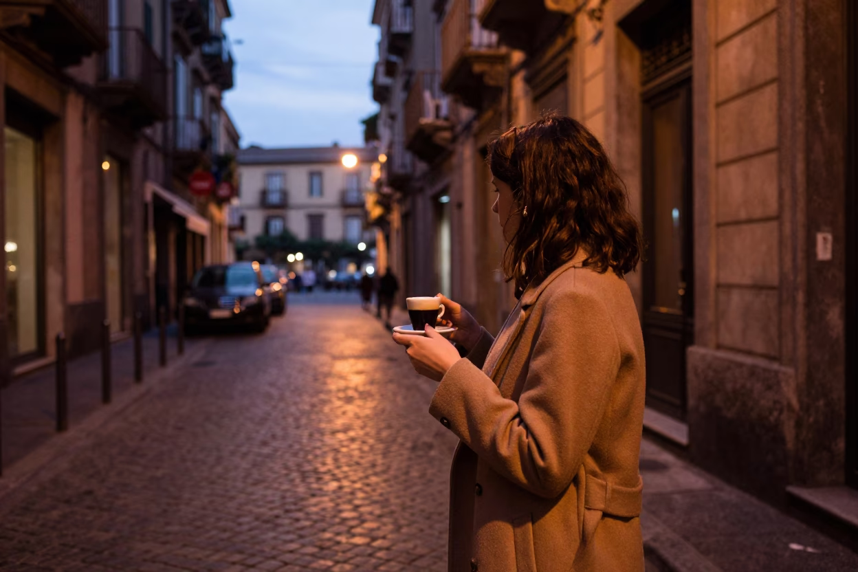 Naples Italy copper dusk street scene with espresso cup and historic architecture in in Naples, Italy