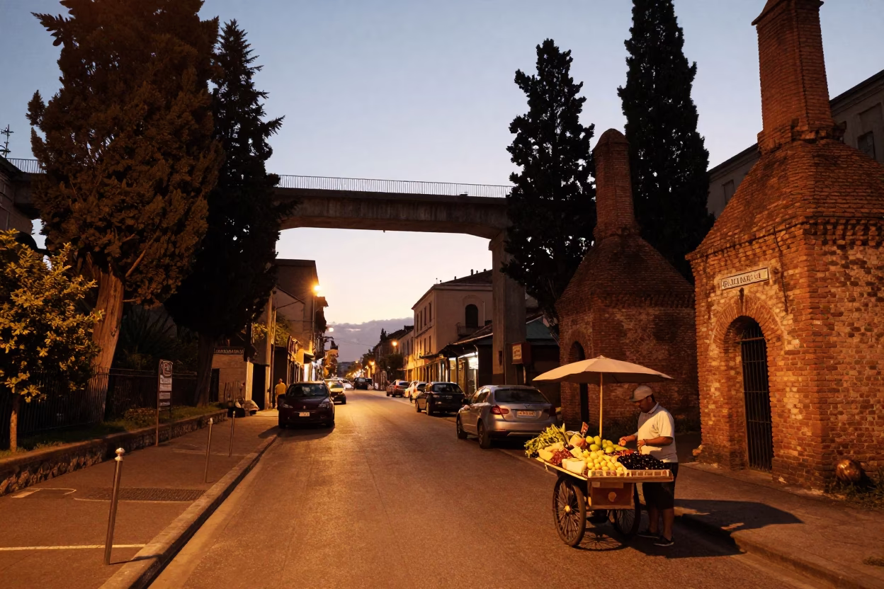 Naples Italy copper dusk viaduct cypress brick kilns street scene in in Naples, Italy