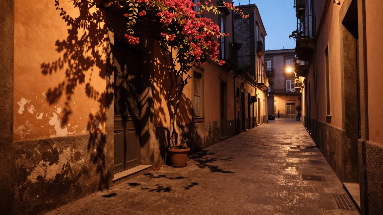 Naples Italy copper-toned dusk street scene with leaf shadows and urban details in in Naples, Italy