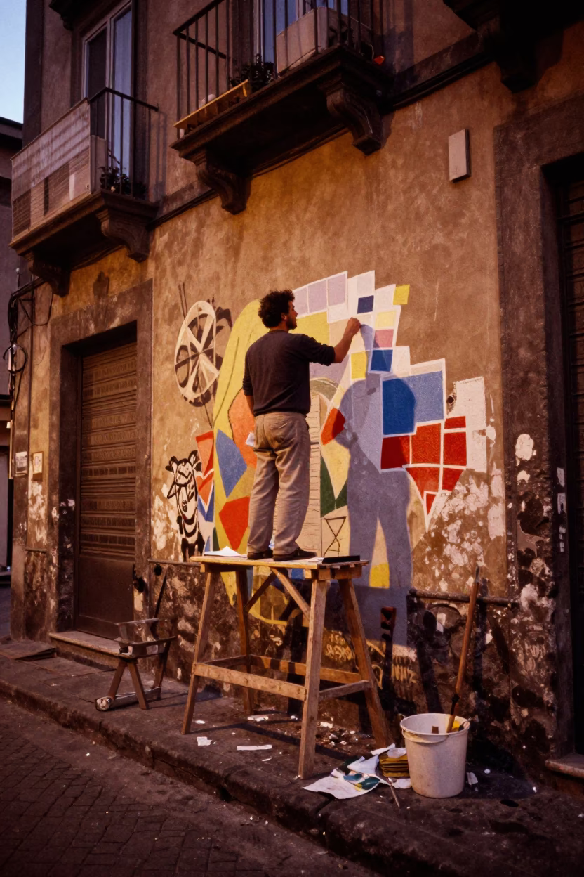 Naples Italy copper-toned dusk street scene with muralist and scaffolding in in Naples, Italy