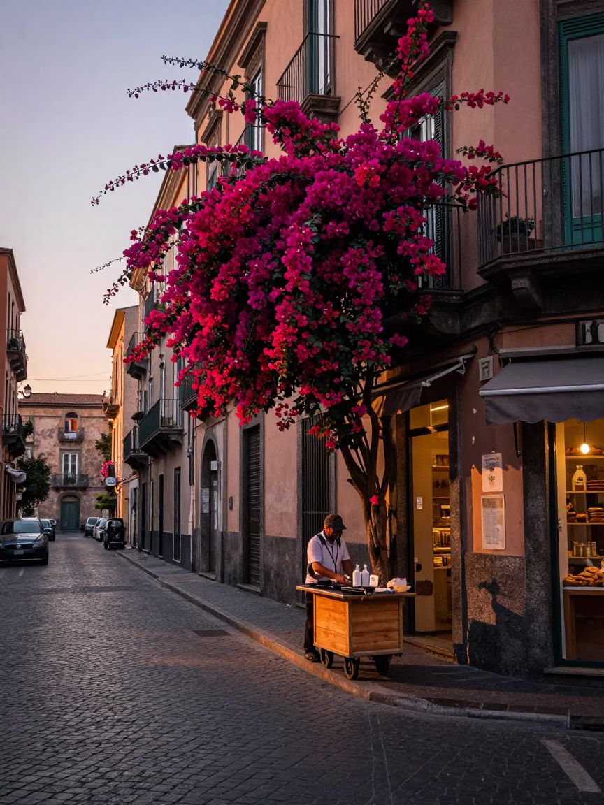Naples Italy Dawn Street Scene with Bougainvillea and Urban Details in in Naples, Italy