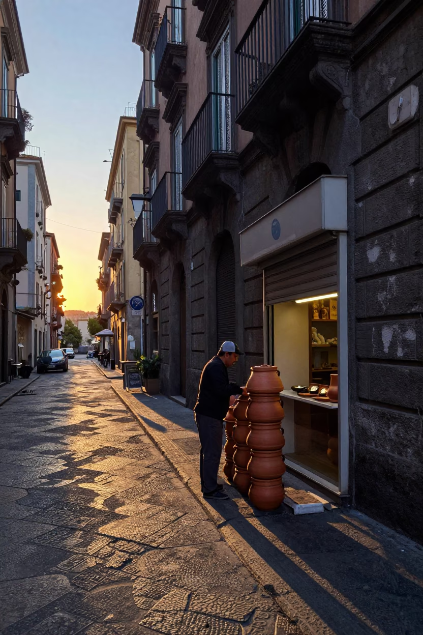 Naples Italy Dawn Street Scene with Ceramic Pot and Morning Light in in Naples, Italy