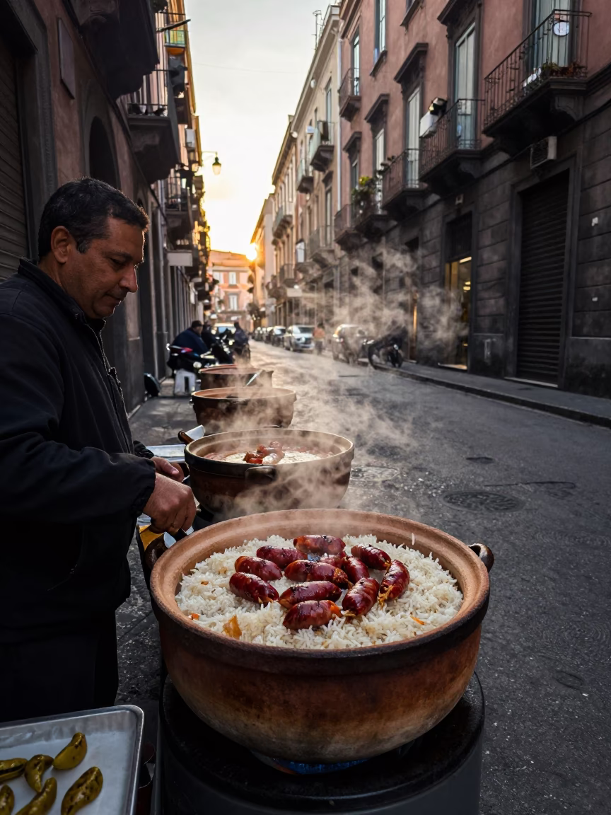 Naples Italy Dawn Street Scene with Clay Pot of Rice and Local Market Activity in in Naples, Italy
