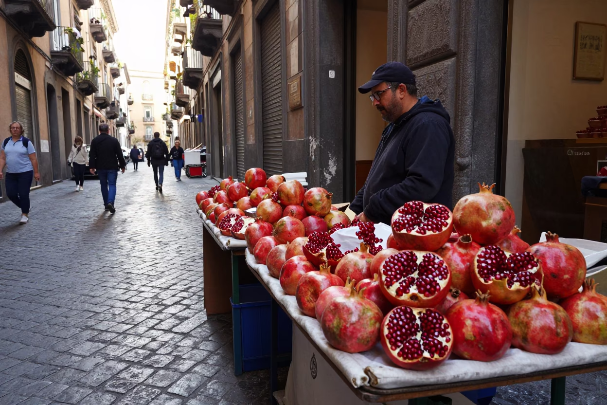 Naples Italy Dawn Street Scene with Pomegranate Vendor and Traditional Architecture in in Naples, Italy