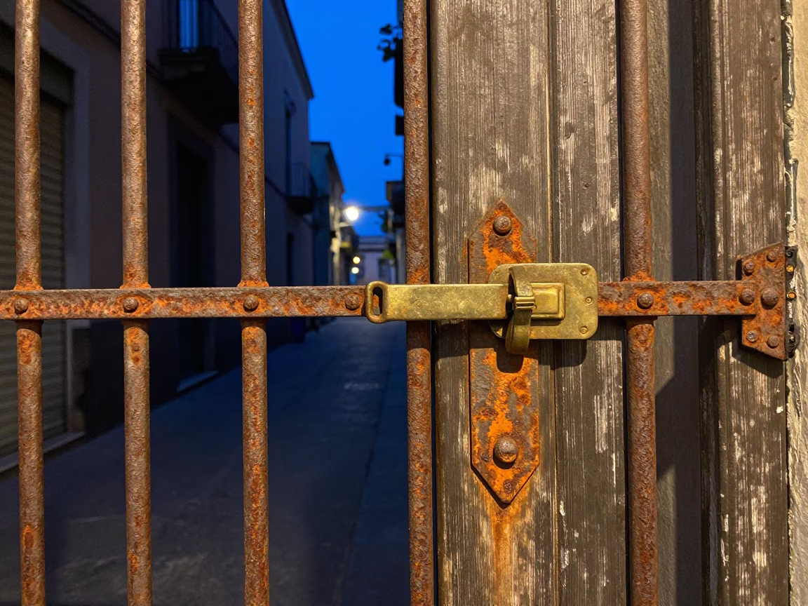 Naples Italy Dawn Street Scene with Rusty Metal Gate and Leaf Shadows Before Sunrise in in Naples, Italy