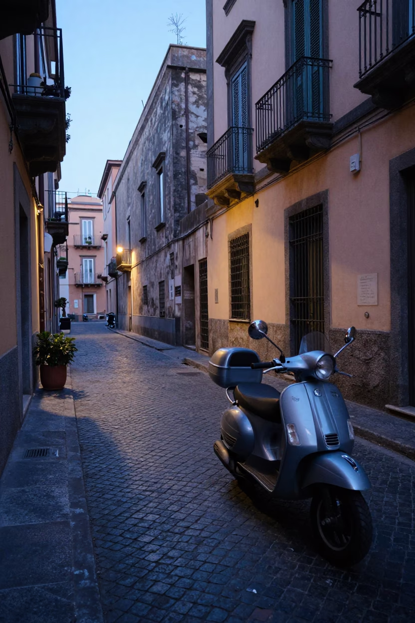 Naples Italy Dawn Street Scene with Scooter and Coffee Cup in in Naples, Italy