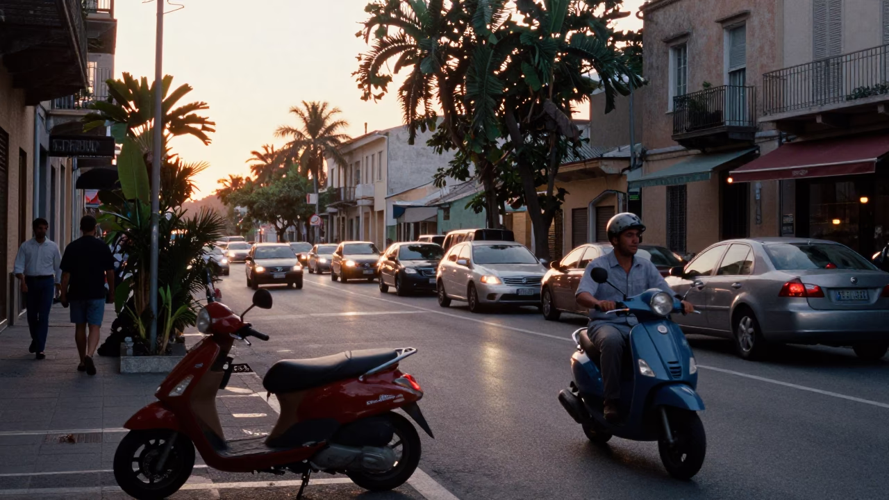 Naples Italy Dawn Street Scene with Scooter and Houseplants in in Naples, Italy