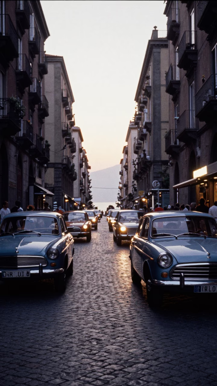 Naples Italy Dawn Street Scene with Vintage Car Rally and Local Life in in Naples, Italy
