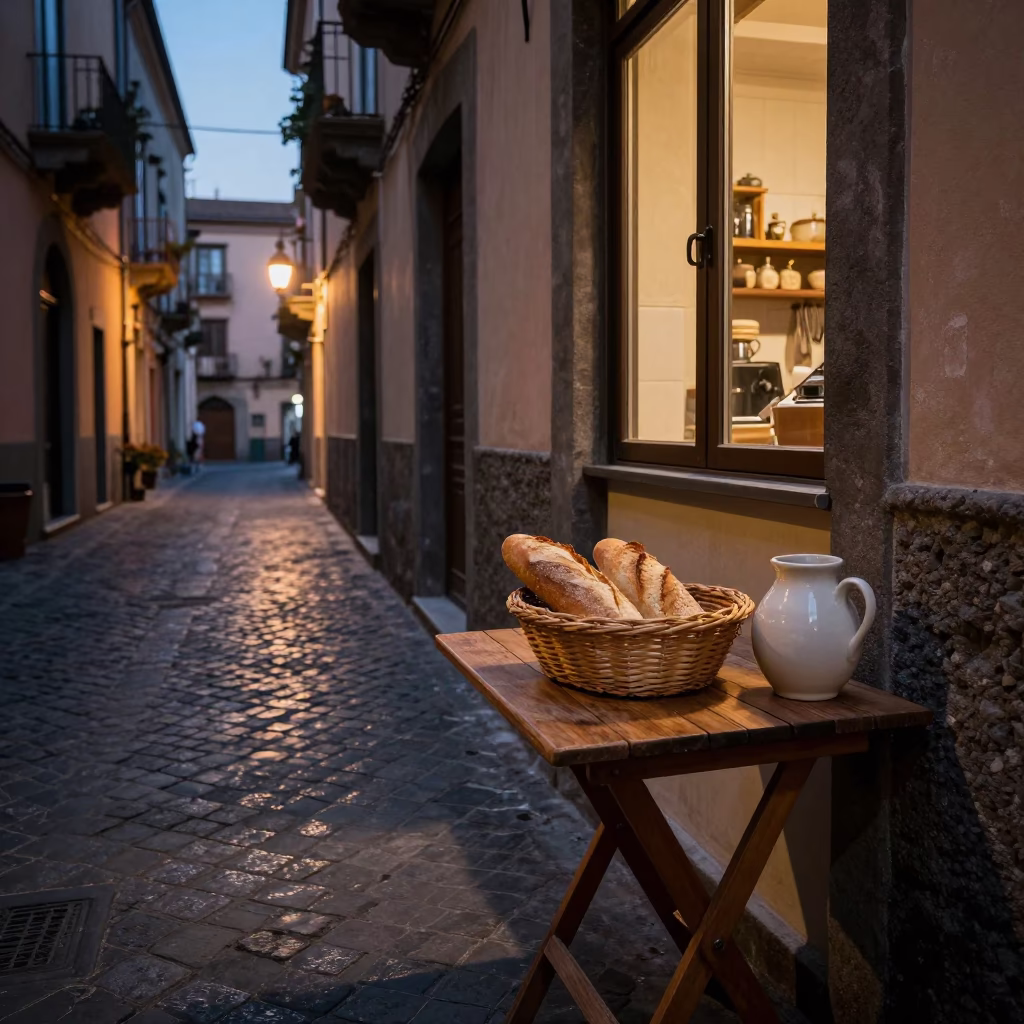 Naples Italy Dawn Street Scene with Woven Bread Basket and Utensil Crocks in in Naples, Italy
