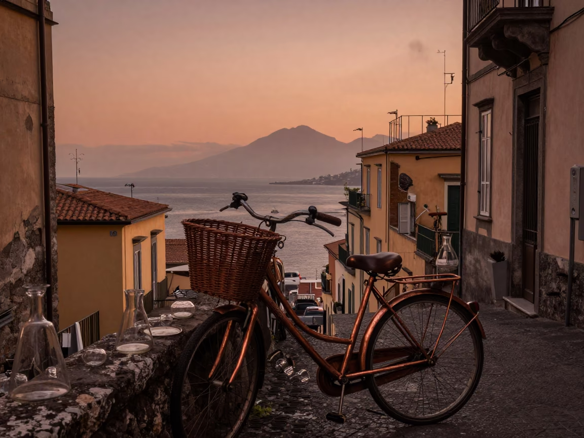 Naples Italy Dusk Street Scene Bicycle Basket and Glass Carafe in in Naples, Italy