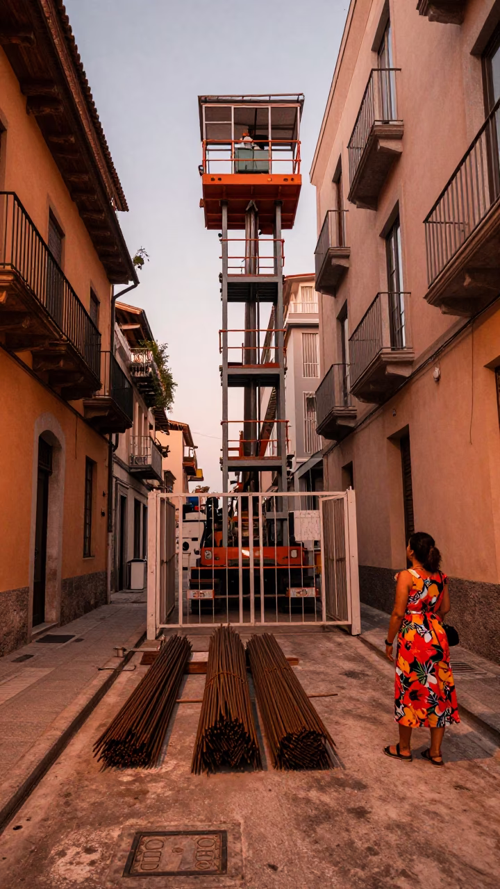 Naples Italy Dusk Street Scene with Construction Elevator and Local Life in in Naples, Italy