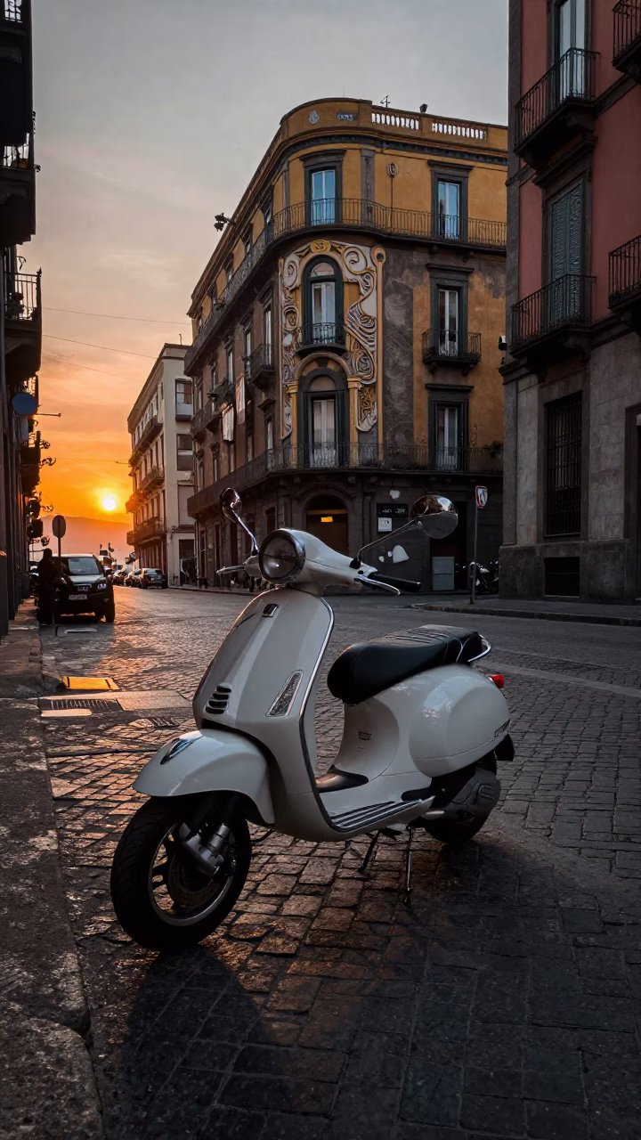 Naples Italy Dusk Street Scene with Vintage Motorcycle and Art Nouveau Facades in in Naples, Italy