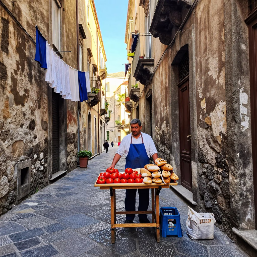 Naples Italy Early Afternoon Street Scene with Blue and White Porcelain in in Naples, Italy