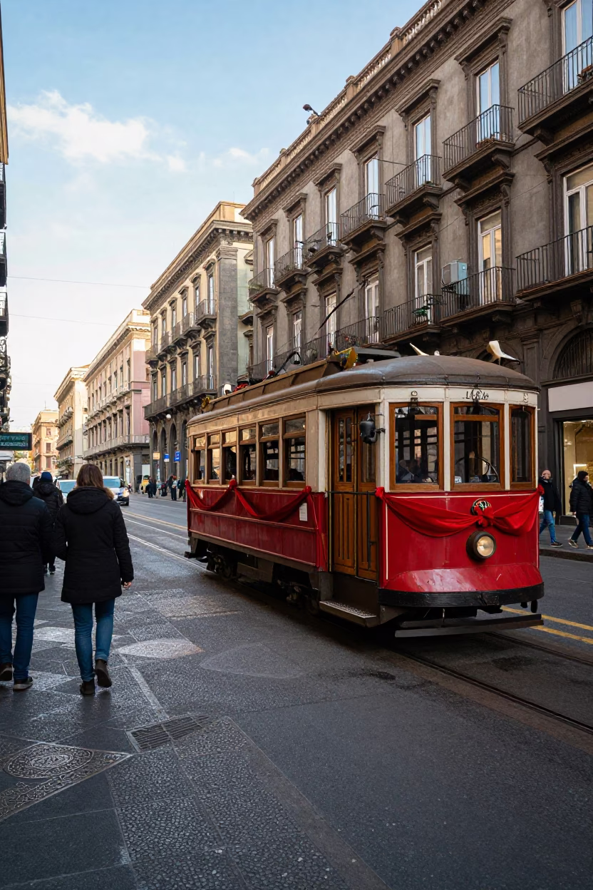 Naples Italy Early Afternoon Street Scene with Vintage Tramcar and Local Pedestrians in in Naples, Italy