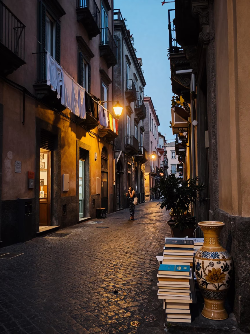 Naples Italy Early Evening Street Scene with Books and Vase on Balcony in in Naples, Italy