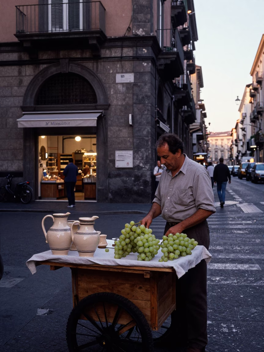 Naples Italy early evening street scene with ceramic pitcher and grapes in in Naples, Italy