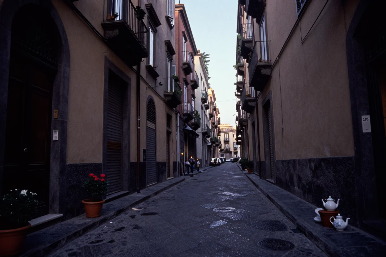 Naples Italy Early Evening Street Scene with Teapot and Flowerpot on Balcony in in Naples, Italy