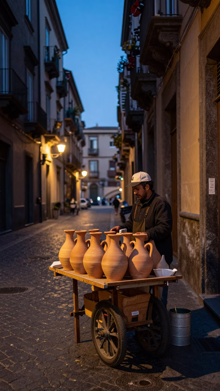 Naples Italy Early Evening Street Scene with Tiffin Tin and Stoneware Crocks in in Naples, Italy