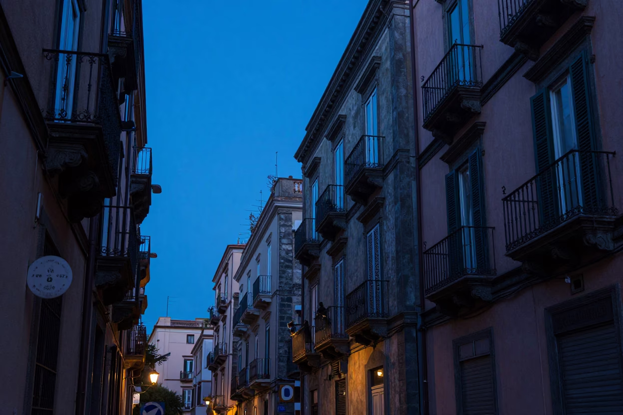 Naples Italy Evening Blue Hour Street Scene with Balconies and Laundry in in Naples, Italy