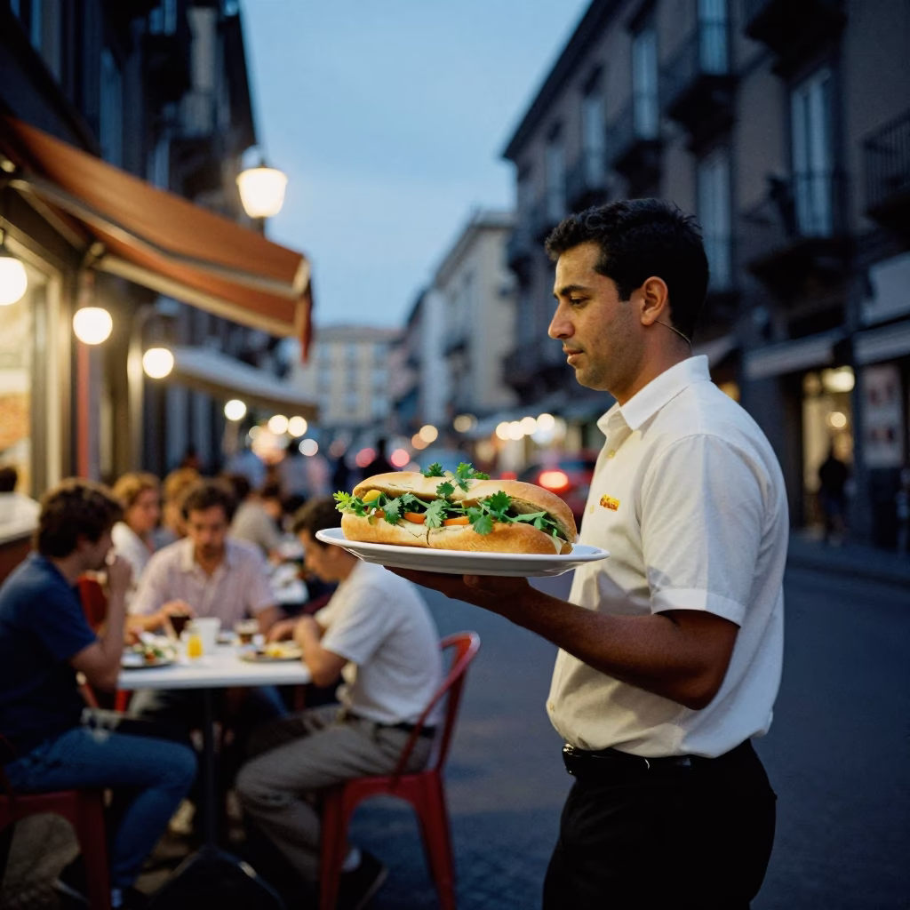 Naples Italy Evening Blue Hour Street Scene with Local Dining and Maritime Decor in in Naples, Italy