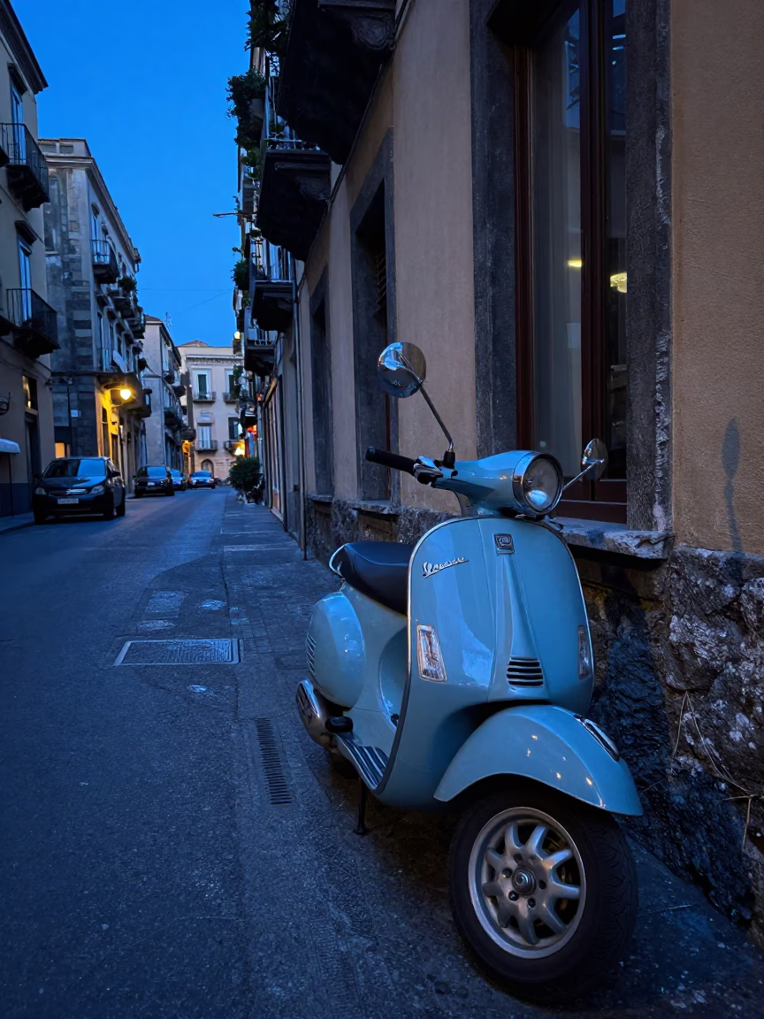 Naples Italy Evening Blue Hour Street Scene with Vintage Details in in Naples, Italy