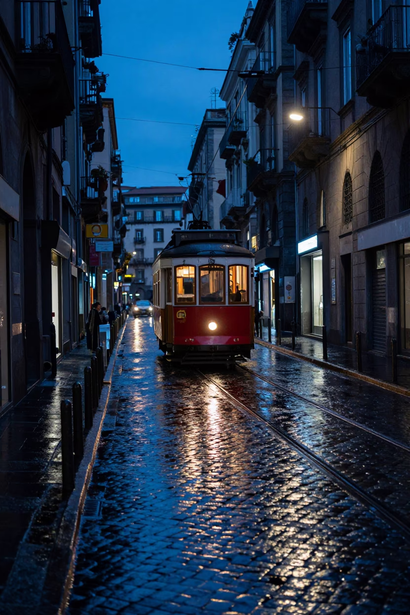 Naples Italy Evening Blue Hour Tramcar Reflection Rain Cobblestones Street Scene 1980s in in Naples, Italy