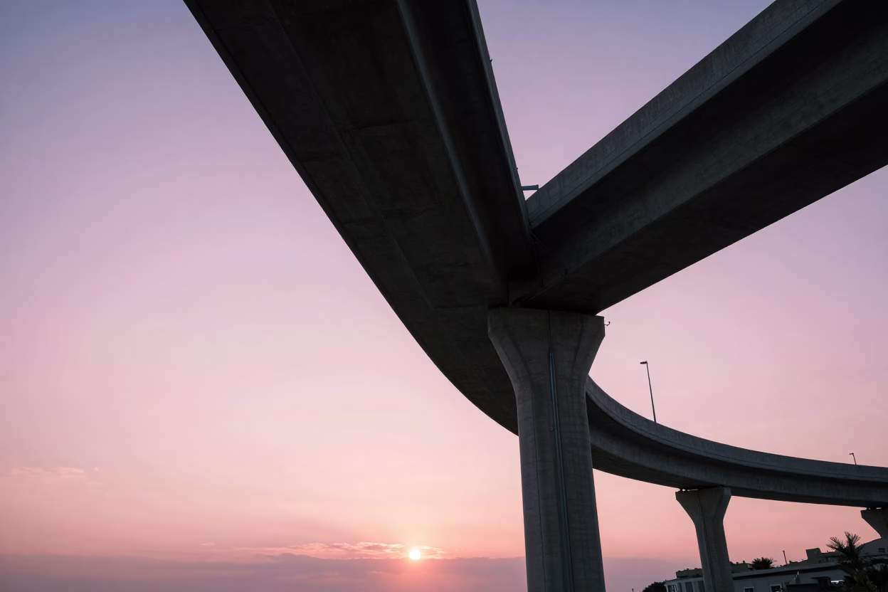 Naples Italy Evening Highway Flyover Stack Against Pink Horizon Sky in in Naples, Italy