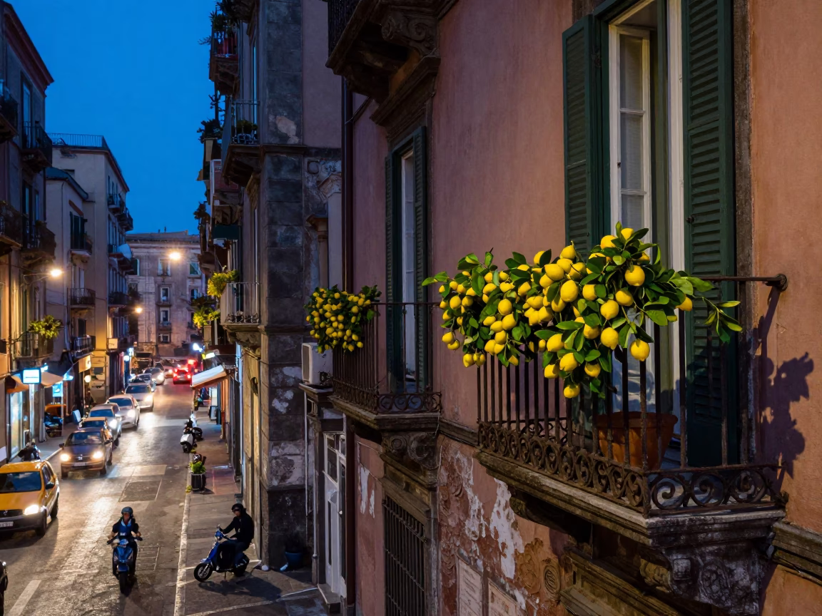 Naples Italy Evening Scooter Traffic and Fresh Lemons on Balcony in in Naples, Italy