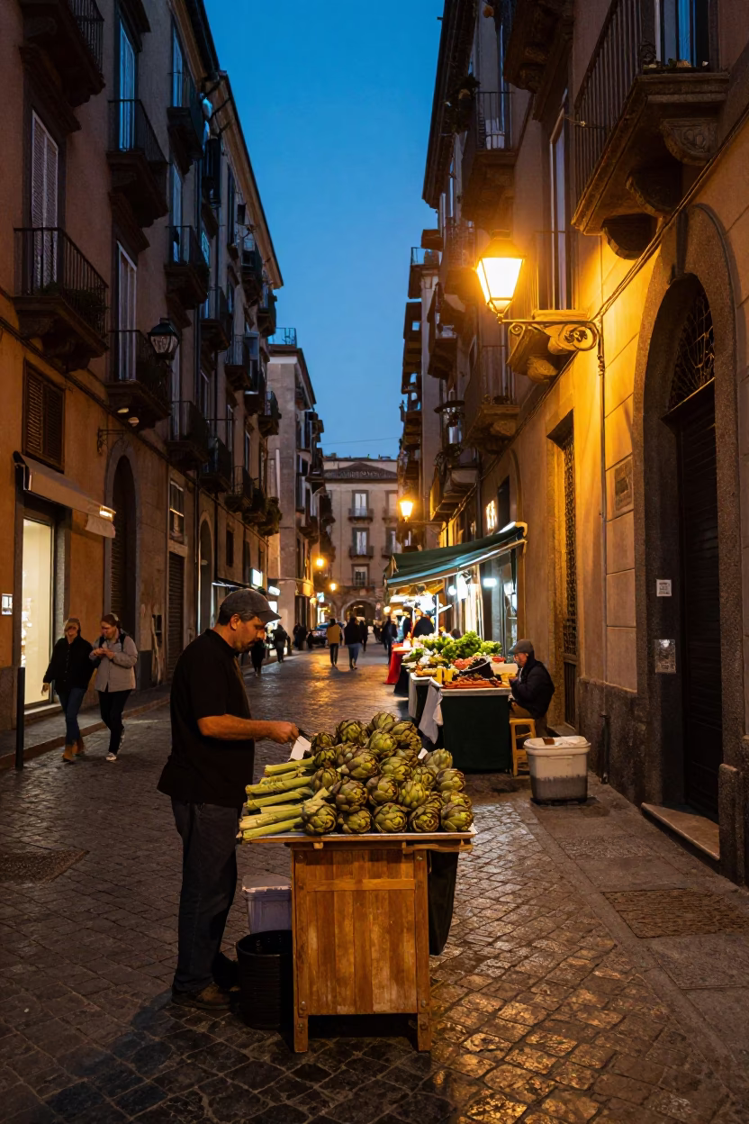 Naples Italy Evening Street Scene with Artichokes and Local Market Activity in in Naples, Italy