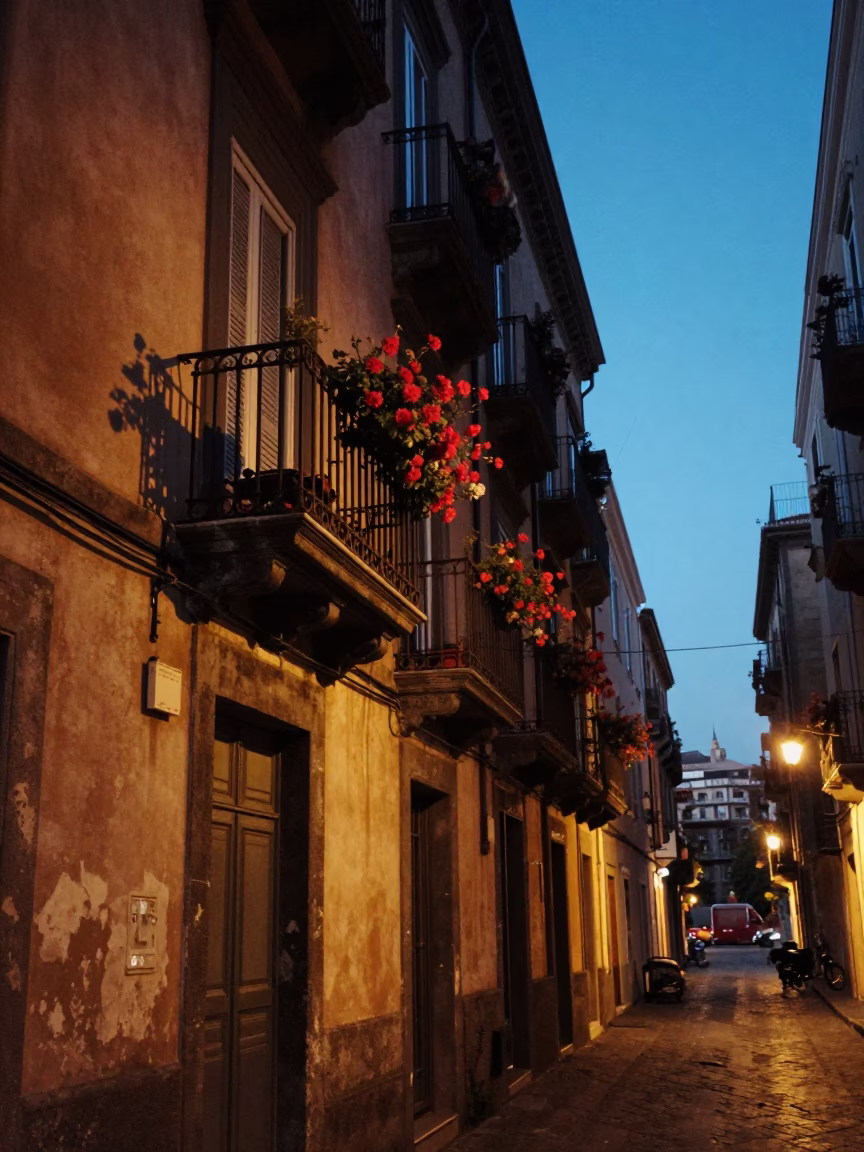 Naples Italy Evening Street Scene with Balcony Flowers and Distant Sea View in in Naples, Italy