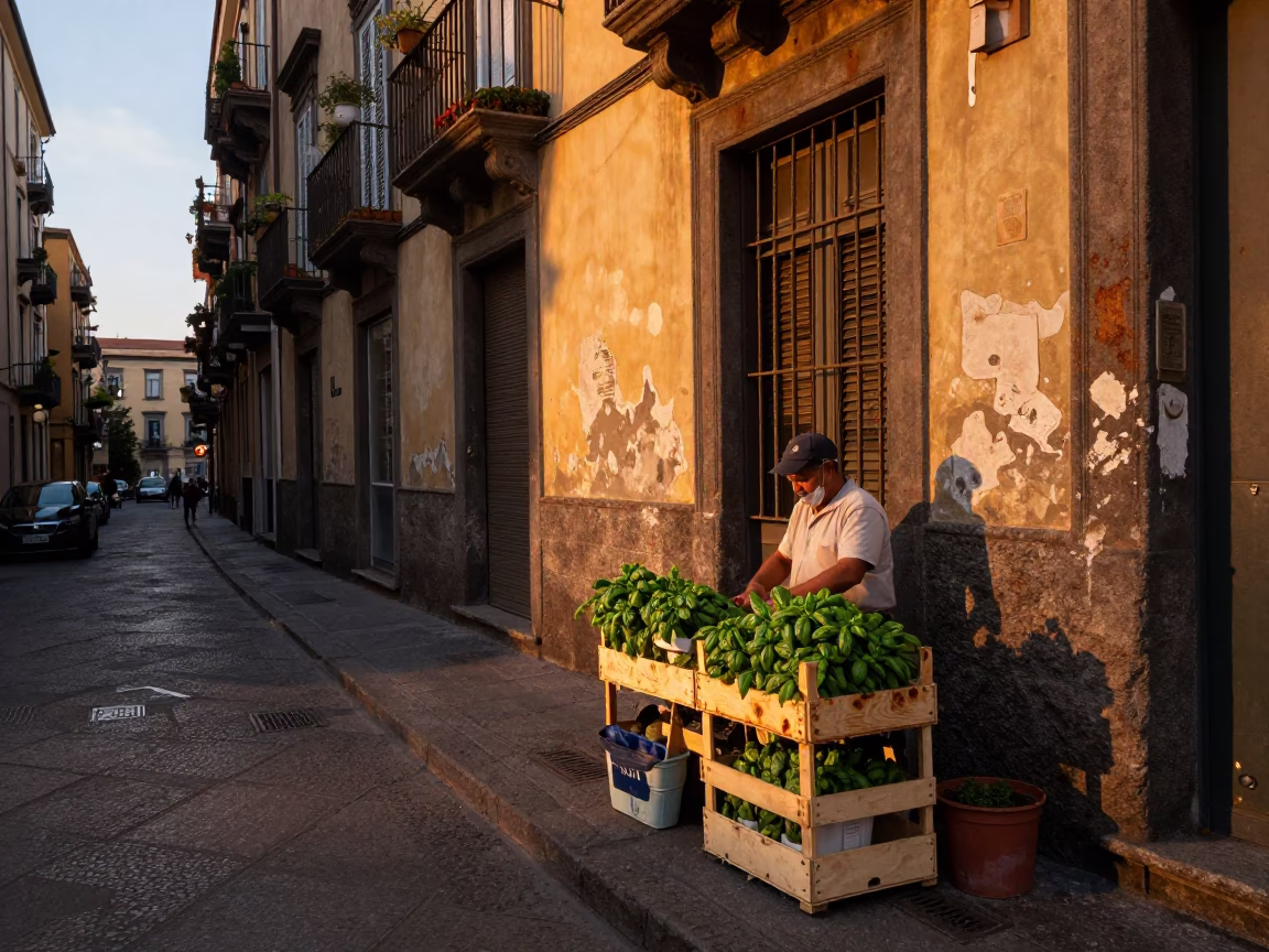 Naples Italy Evening Street Scene with Basil Leaves and Rusty Basin in in Naples, Italy