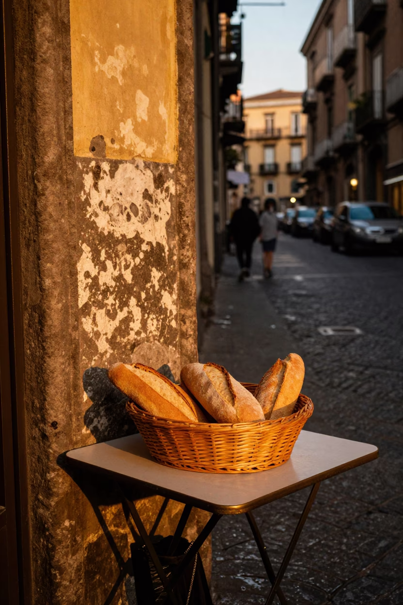 Naples Italy Evening Street Scene with Bread Basket and Local Life in in Naples, Italy