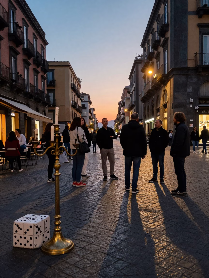 Naples Italy Evening Street Scene with Candelabra and Domino Box in in Naples, Italy