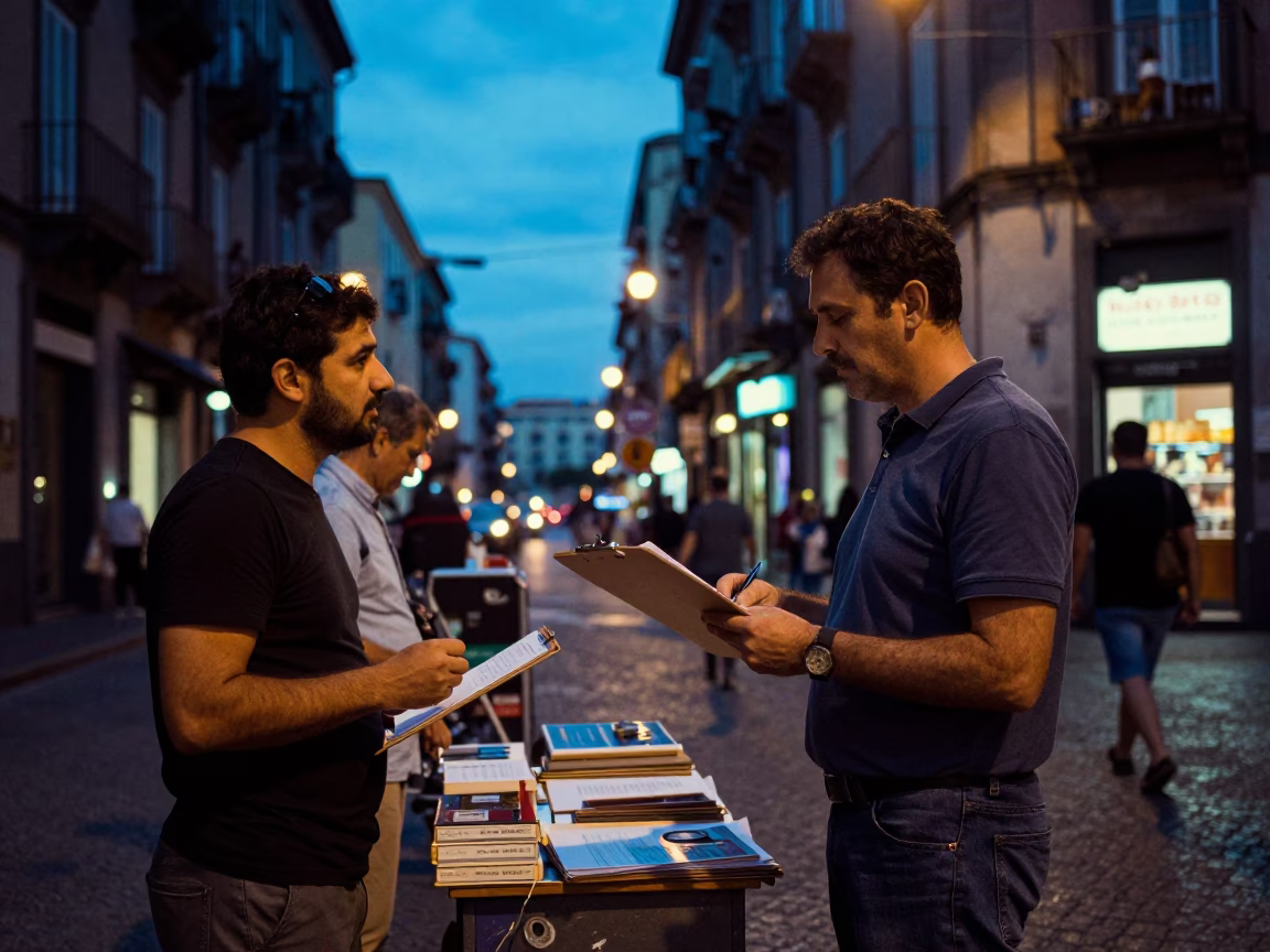 Naples Italy Evening Street Scene with Clipboard and Local Interaction in in Naples, Italy
