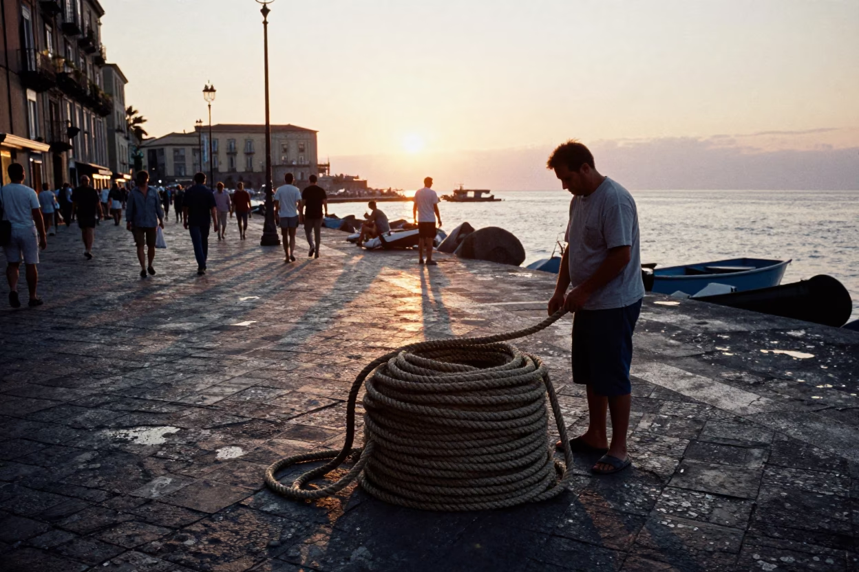 Naples Italy evening street scene with coiled rope and busy port activity at sunset in in Naples, Italy