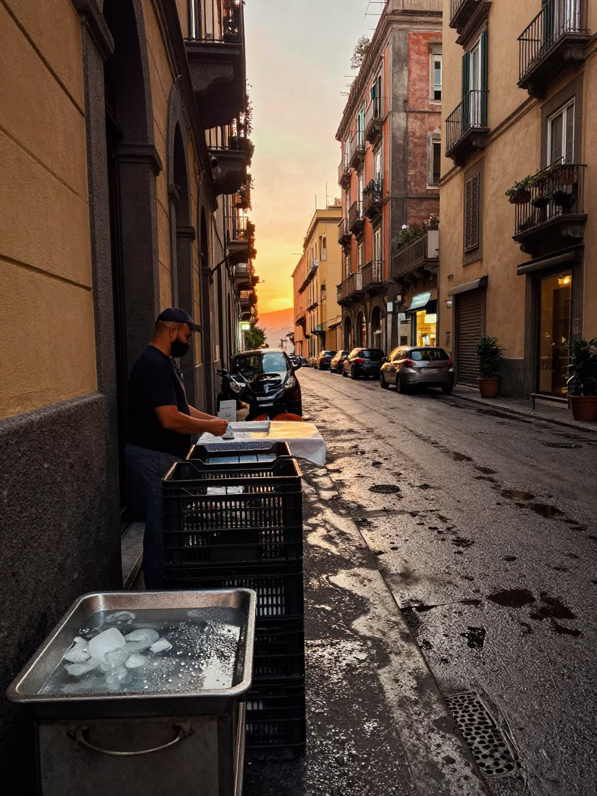 Naples Italy Evening Street Scene with Condensation and Local Details in in Naples, Italy