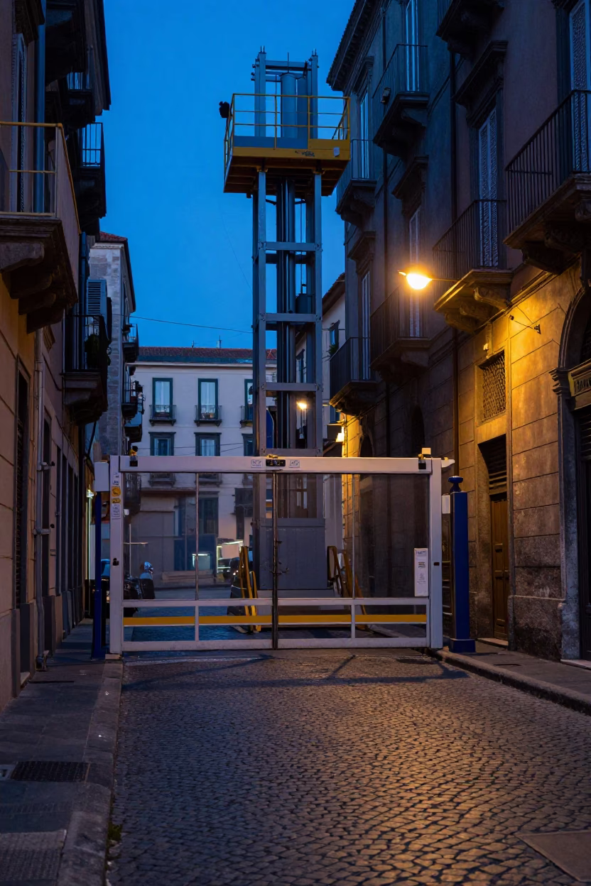Naples Italy Evening Street Scene with Construction Elevator Gate and Rebar Bundles in in Naples, Italy