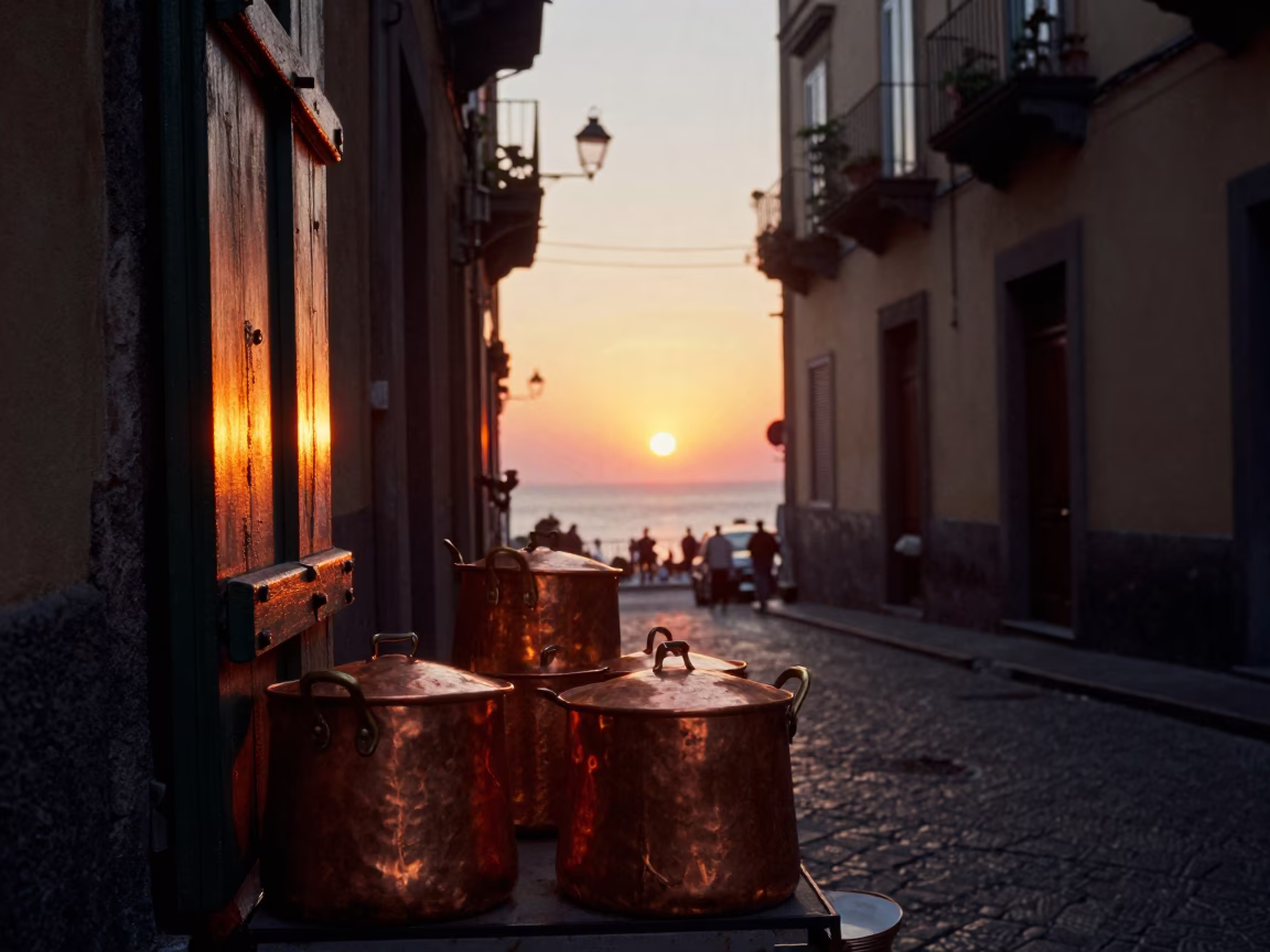 Naples Italy Evening Street Scene with Copper Pots and Latch at Sunset in in Naples, Italy