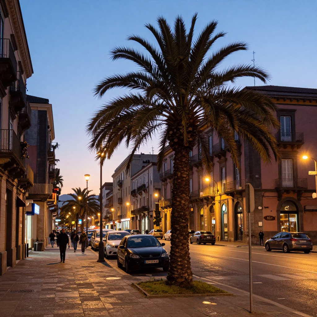 Naples Italy Evening Street Scene with Date Palm and Traditional Architecture in in Naples, Italy
