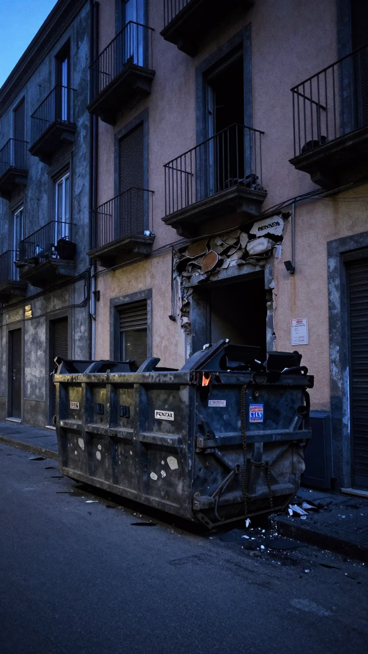 Naples Italy Evening Street Scene with Demolition Dumpster and Gutted Storefront in in Naples, Italy